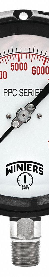 WINTERS Process Pressure Gauge: 0 psi to 1,500 psi, White, 4 1/2 in Dial, 1/2 in NPT Male, Bottom, 4 (MPN PPC5071-SG45). Key specifications — Brand: WINTERS; Pointer Color: Black; Accuracy: ±0.5%; Dial Color: White; Gauge Wetted Parts: Stainless Steel; Case Material: Phenolic; Vibration Resistance Properties: Field-Fillable; Pressure Range: 0 psi to 1,500 psi.