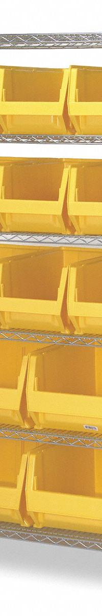 QUANTUM STORAGE SYSTEMS Bin Shelving: 36 in x 30 in x 74 in, 13 Bins, 6 Shelves, Open, Yellow (MPN WR6-973974YL). Key specifications — attr59520: Silver; attr59518: (9) 10 in x 11 in x 29-7/8 in; attr59227: QUANTUM STORAGE SYSTEMS; attr59512: Yellow.