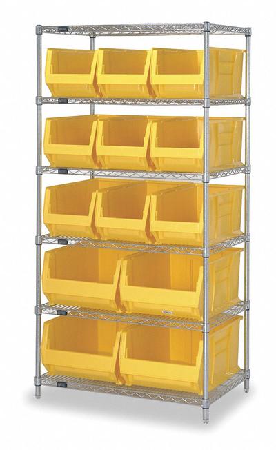 QUANTUM STORAGE SYSTEMS Bin Shelving: 36 in x 30 in x 74 in, 13 Bins, 6 Shelves, Open - Wire Stationary Bin Shelving with Open-Front Bins