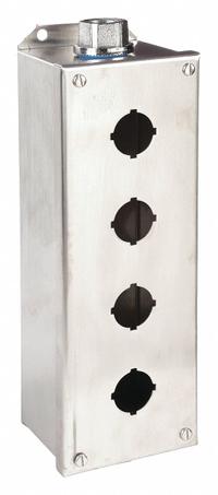 SCHNEIDER ELECTRIC Push Button Enclosure: 30mm, 4 Holes, 304 Stainless Steel, NEMA 1/12/3/4/4X (MPN 9001KYSS4). Key specifications — attr211299: SCHNEIDER; attr1043605: Indoor Dust & Water Droplets.