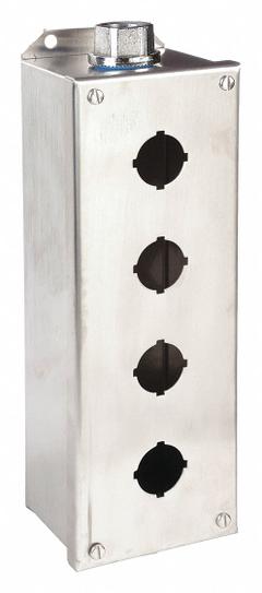 SCHNEIDER ELECTRIC Push Button Enclosure: 30mm, 4 Holes, 304 Stainless Steel, NEMA 1/12/3/4/4X (MPN 9001KYSS4). Key specifications — attr211299: SCHNEIDER; attr1043605: Indoor Dust & Water Droplets.