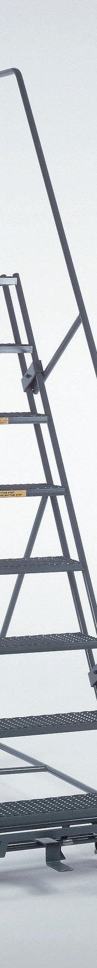 BALLYMORE Rolling Ladder: 6.7 ft Platform Ht, Assembled, Steel, Manual Lock, Perforated (MPN 083221PSU). Key specifications — Includes Handrails: Handrails Included; Material: Steel; Brand: BALLYMORE; Color: Gray.