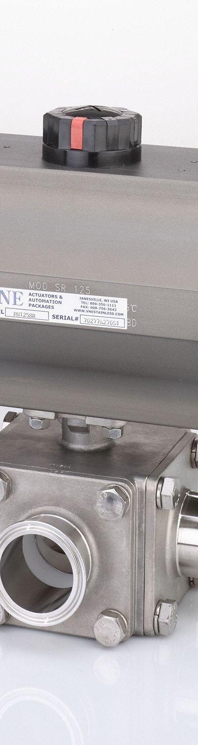 VNE Pneumatically Actuated Three-Way Ball Valve: 1 in - 3-A Certified L-Port Brass Pneumatically-Actuated Ball Valves