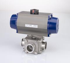 VNE Pneumatically Actuated Three-Way Ball Valve: 1 in, 316 Stainless Steel, Clamp x Clamp x Clamp (MPN 93C1.0C/75-5S1-XX). Key specifications — Average Surface Roughness (Ra): < 0.6 micron; Brand: VNE; 3-A Compliance: Meets 3A Sanitary Standards; Inlet Connection Entry: Side; Pilot Solenoid Voltage: Not Included.
