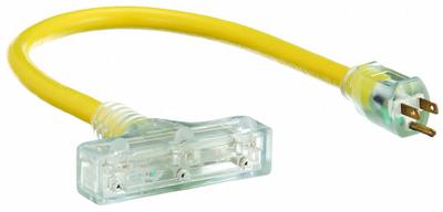 APPROVED VENDOR Extension Cord: Outdoor Use, 2 ft Lg, 3 Outlets, 5-15P, 12/3, STW, Yellow - Outdoor Extension Cords with Multiple Outlets