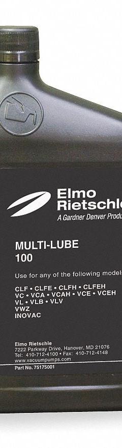 ELMO RIETSCHLE Vacuum Pump Oil: 1 qt, Bottle, 46 ISO Viscosity Grade, 102 Viscosity Index (MPN 75175010). Key specifications — attr71764: No; attr59269: 46; attr59266: Bottle; attr59279: 102.