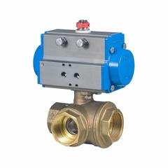 BONOMI Pneumatically Actuated Three-Way Ball Valve: 2 1/2 in, Brass, FNPT x FNPT x FNPT, Two-Piece (MPN 8P0132LF-2-1/2-C1). Key specifications — Brand: BONOMI; Pilot Solenoid Voltage: 110V AC.