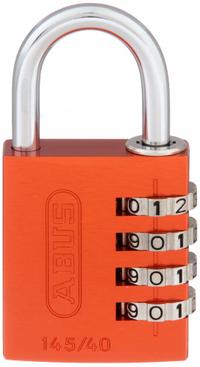 ABUS Combination Padlock: Scrolling Combo, Orange, Aluminum, Std Shackle, Steel Shackle (MPN 145/40 Orange). Key specifications — Dial Color: Silver; Brand: ABUS.