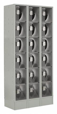LOCKUP Box Locker: 36 in x 18 in x 82 in, 6 Tiers, 3 Units Wide, Clearview, Electronic Keypad, Gray (MPN LUPE-3W6T-PC1S-02-31-A). Key specifications — Locker Color: Gray; Door Type: Clearview; Brand: LOCKUP; Assembled: Assembled; Color Family: Gray.