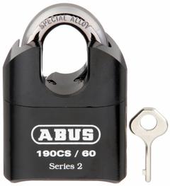 ABUS Combination Padlock: Scrolling Combo, Black, Steel, Covered Shackle, Steel Shackle (MPN 190CS/60). Key specifications — Dial Color: Black; Brand: ABUS.