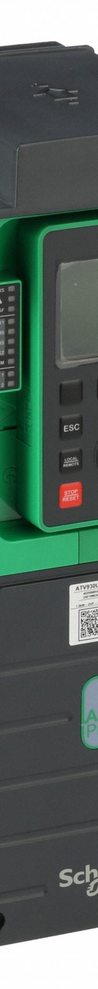 SCHNEIDER Variable Frequency Drive: In Phase Three, Out Phase Three, 2 hp, 8 A Output Current - Max (MPN ATV930U15M3). Key specifications — Style: Compact; Color: Black/Green; Output Phase: Three.