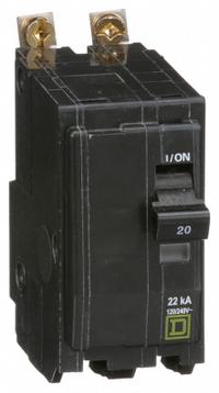 SQUARE D Miniature Circuit Breaker: 20 A, 120/240V AC, Single Phase, 22kA at 120/240V AC, 2 Poles (MPN QOB220VH). Key specifications — Phase: Single; Amps: 20 A; AC Voltage Rating: 120/240V AC; Max. AIR Rating: 22kA at 120/240V AC; For Use With: Square D NQOD Panelboards; Brand: SQUARE D.