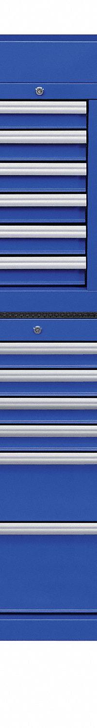 WESTWARD Tool Chest and Cabinet Combination: 17 Drawers, Heavy Duty, Keyed, Blue / Powder Coated (MPN 7CY34). Key specifications — attr1116680: Blue; attr1116684: Ball Bearing; attr1116690: WESTWARD; attr1116659: Keyed; attr1116661: Rolling Tool Cabinet 42 in W x 19 in D x 39-7/8 in H.