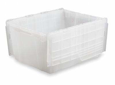 ORBIS Attached Lid Tote: 20.2 gal, 23 7/8 in x 19 5/8 in x 12 5/8 in, Clear Body - Clearview Attached-Lid Totes with Two-Piece Lids
