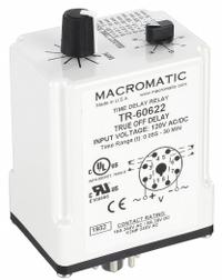 MACROMATIC Single Function Time Delay Relay: Socket Mounted, 120V AC/DC, 10 A, 8 Pins/Terminals (MPN TR-60622). Key specifications — Brand: MACROMATIC.