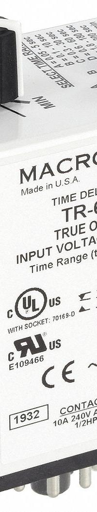 MACROMATIC Single Function Time Delay Relay: Socket Mounted, 120V AC/DC, 10 A, 8 Pins/Terminals (MPN TR-60622). Key specifications — Brand: MACROMATIC.