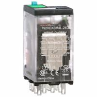 SCHNEIDER General Purpose Relay: Socket Mounted, 3 A Current Rating, 24V DC, 4PDT, 14 Pins/Terminals (MPN 792XDX3M4L-24D). Key specifications — Brand: SCHNEIDER; Base Type: Square; Mounting Style: Plug-In; Electrical Connection: Faston Connector; Manufacturer Part Number: 792XDX3M4L-24D; Operating Current: 3 A at 30V DC (Conforming to UL); Series: 792 Series.