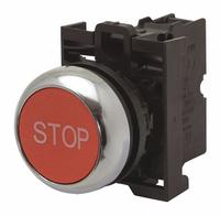 EATON Flush Push Button: Red, 22 mm Mounting Size, Non-Metallic, Maintained (MPN M22-DRL-R-GB0). Key specifications — Brand: EATON; Action: Maintained; Series: M22; Push Button Material Type: Non-Metallic.