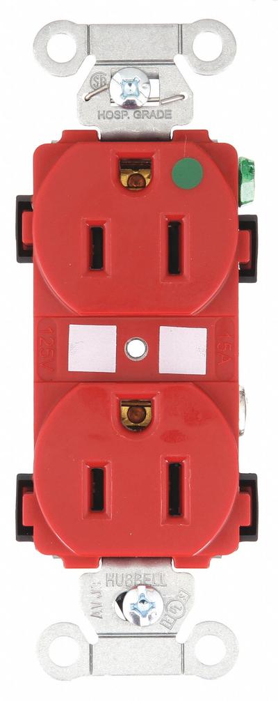 BRYANT Receptacle: Hospital Grade Fed. Spec., Duplex, 5-15R, Red, 125V AC, 15 A - General Purpose Receptacles