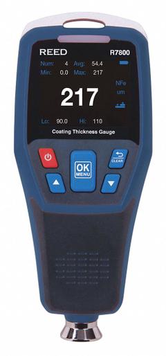 REED INSTRUMENTS R7800: 49.2 mil Max Thick Measured, 0.1 mil Min Thick Measured, Not Certified. Key specifications — attr1002573: Not Certified; attr1002580: Digital; attr1002599: 0 to 1250 µm: +/-3% +1 µm; 0 to 49.21 mil: +/-3% +0.04 mil; attr1002571: REED INSTRUMENTS; attr1002581: USB Cable.