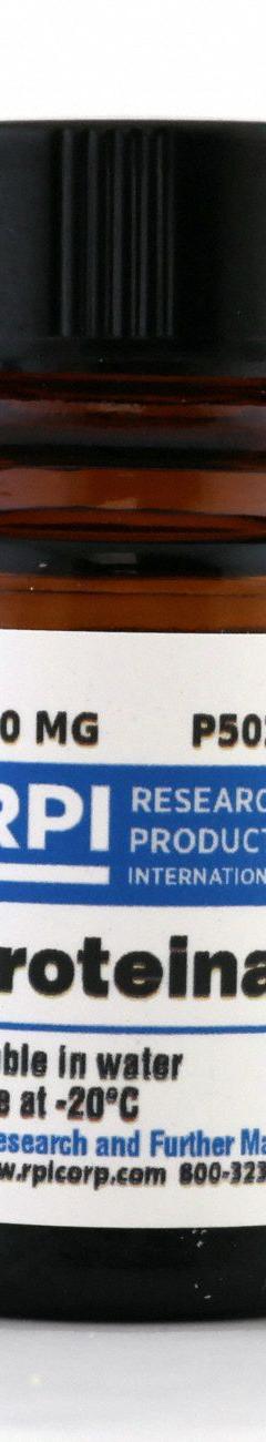RPI Proteinase K: 100 mg Volume, Powder, Plastic (MPN P50220-0.1). Key specifications — Form: Powder; Brand: RPI; Chemical Grade: Lab; Container Material: Plastic.