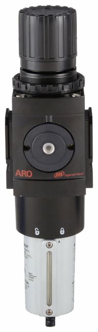 ARO Filter-Regulator: 3000 Series, 1 in NPT, 250 cfm, 5 micron, 0 psi to 140 psi, Manual Drain (MPN P39464-110). Key specifications — attr109419: ARO; attr109429: Aluminum; attr109463: No; attr109468: 3000.