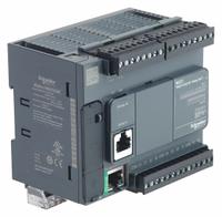 SCHNEIDER ELECTRIC PLC: (14) Discrete/(2) Analog, (10) Relay, 100 to 240V AC (MPN TM221CE24R). Key specifications — attr211240: SCHNEIDER; attr1072668: Clock Included; attr1075941: (2) Analog; attr1075943: (10) Relay.
