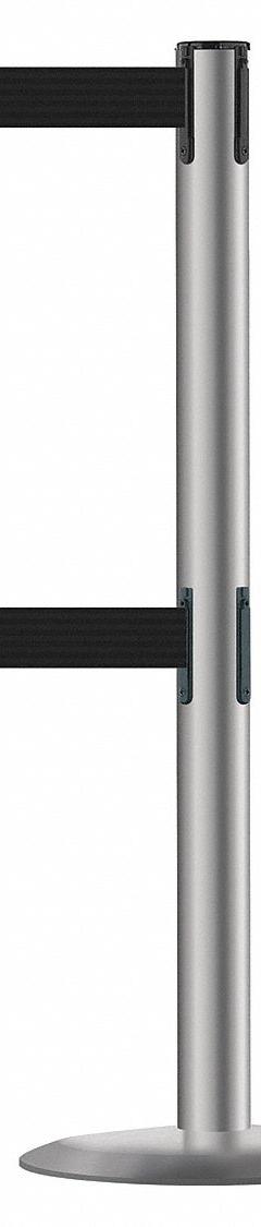 TENSABARRIER Barrier Post with Belt: Black, No Pattern, No Legend, 7 1/2 ft Belt Lg, Gray (MPN 889T2U-3P-3P-STD-NO-B9X-C). Key specifications — Base Material: Cast Iron; Belt Color: Black; Brand: TENSABARRIER; Post Material: Stainless Steel; Post Color: Gray; Message: No Legend.