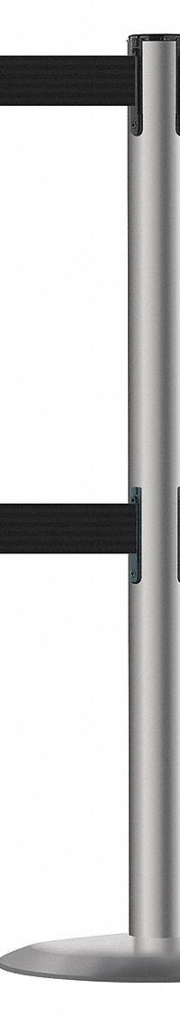 TENSABARRIER Barrier Post with Belt: Black, No Pattern, No Legend, 7 1/2 ft Belt Lg, Gray (MPN 889T2U-3P-3P-STD-NO-B9X-C). Key specifications — Base Material: Cast Iron; Belt Color: Black; Brand: TENSABARRIER; Post Material: Stainless Steel; Post Color: Gray; Message: No Legend.