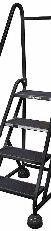 COTTERMAN Rolling Ladder: 3 ft Platform Ht, Partially Assembled, Steel, Wt-Actuated Auto-Lock (MPN ST-402 A2 C7 P5). Key specifications — Includes Handrails: Handrails Included; Material: Steel; Brand: COTTERMAN; Color: Black.
