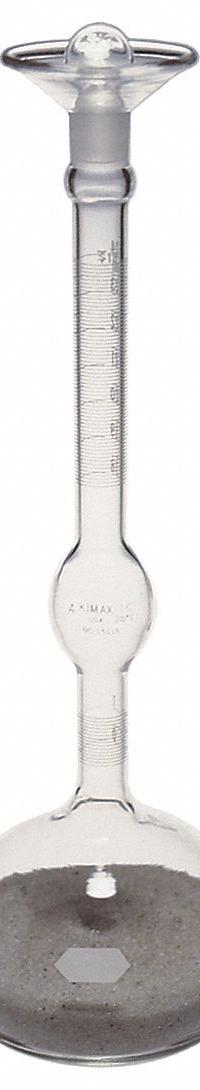 KIMBLE Specific Gravity Bottle: 24 mL, Ground-Glass Stopper, 285 mm, Colorless, Closure Included (MPN 15115-24). Key specifications — Closure Type: Ground-Glass Stopper; Mouth Size: Narrow; Brand: KIMBLE; Body Color: Colorless.