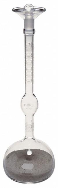 KIMBLE Specific Gravity Bottle: 24 mL, Ground-Glass Stopper, 285 mm, Colorless, Closure Included (MPN 15115-24). Key specifications — Closure Type: Ground-Glass Stopper; Mouth Size: Narrow; Brand: KIMBLE; Body Color: Colorless.