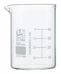 GLOBE SCIENTIFIC Beaker: 50 mL, 1.69 fl oz, A, Low Form, Type I, White, Borosilicate Glass (MPN 8010050). Key specifications — attr1371034: Type I; attr1371051: GLOBE SCIENTIFIC; attr1371062: White.
