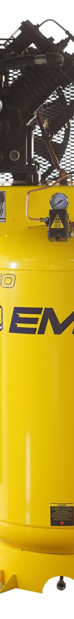EMAX Electric Air Compressor: 7.5 hp, 2 Stage, Vertical, 80 gal, 26 cfm, 175 psi, 240V, Auto (MPN ESP07V080V1). Key specifications — attr1395880: Auto; attr48430: EMAX; attr48448: Isolator Pads; attr48450: 240V; attr48474: Single; attr48487: Vertical.