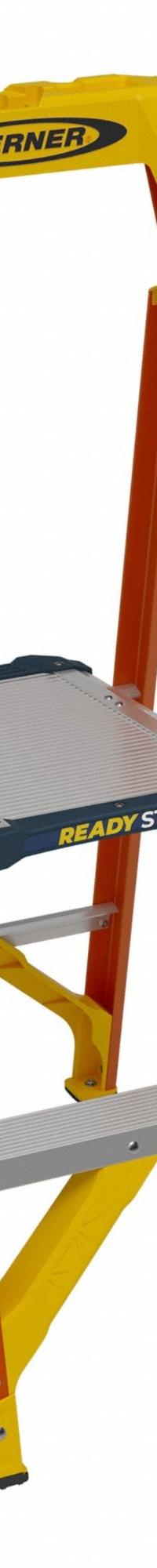 WERNER Step Ladder: 4 ft Ladder Size, Fiberglass, 300 lb Load Capacity, 13 lb Wt, 12 in x 12.5 in (MPN RS1A04). Key specifications — Brand: WERNER; Included Features: Impact-Resistant Bracing.