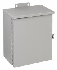 WIEGMANN Enclosure: Steel, 12 in x 10 in x 6 in, 3R, Solid Cover, Hinged, Included, Painted (MPN RHC101206). Key specifications — Brand: WIEGMANN; Closure Method: Padlock Hasp; Knockouts: Included.