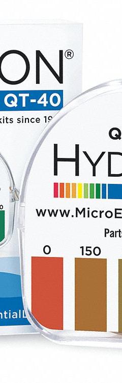 HYDRION Test Paper: Quaternary Ammonium, 0 to 500 ppm Ammonia, Strip, 10 Tests, 15 ft Overall Lg (MPN QT-40). Key specifications — Test Form: Strip; Brand: HYDRION; Parameter Measurements Included: 0 to 500 ppm Ammonia.