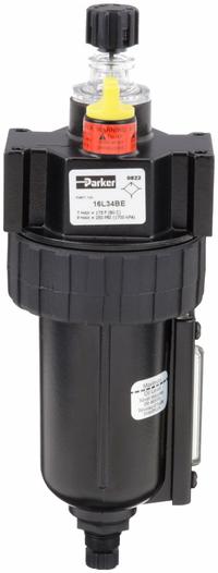 PARKER Compressed Air Lubricator: Micro Mist, 1/2 in NPT, 90 cfm, 250 psi Max Op Pressure, Knob, 16L (MPN 16L34BE). Key specifications — attr111774: Zinc; attr111402: 16L; attr111761: PARKER.