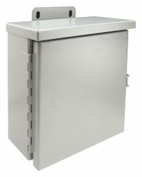 WIEGMANN Enclosure: Steel, 8 in x 8 in x 4 in, 3R, Solid Cover, Hinged, Included, Painted (MPN RHC080804). Key specifications — Brand: WIEGMANN; Closure Method: Padlock Hasp; Knockouts: Included.