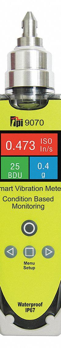 TEST PRODUCTS INTL. Vibration Meter: Vibration, 2/10 Hz to 1 kHz/2 Hz to 3 kHz, OLED, +/-5% Accuracy (MPN 9070). Key specifications — Brand: TEST PRODUCTS INTL.; Accuracy: +/-5%; Includes: Carrying Case; Digital Display Screen Type: OLED; Frequency Ranges: 2 Hz to 3 kHz; Certificate of Calibration: Not Included.