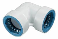 HYDRORAIN Elbow: 1" Push x 1" Push, ABS Plastic, 150 psi Max Working Pressure, 2.13 in Wd, 3 in Ht (MPN 08673). Key specifications — Connection: 1" Push x 1" Push; Material: ABS Plastic; Product Type: Elbow.