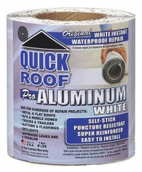 Roof Repair Tape: 6 in W, 25 ft L, 45 mil Thick, White, For Metal, Aluminum (MPN WQR625). Key specifications — UV Protected Material: Yes; Color: White; Brand: QUICK ROOF; Compatible Surface Material: Metal; Material: Aluminum.