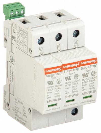 MERSEN Surge Protection Device: Three Phase, 480V AC Wye, 3 Poles, 4 Wires, L-L/L-N - DIN Rail Internal-Mount SPDs