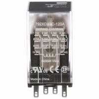 SCHNEIDER General Purpose Relay: Socket Mounted, 3 A Current Rating, 120V AC, 4PDT, G Socket (MPN 792XDX3C-120A). Key specifications — Brand: SCHNEIDER; Base Type: Square; Mounting Style: Plug-In; Electrical Connection: Faston Connector; Manufacturer Part Number: 792XDX3C-120A; Operating Current: 3 A at 30V DC (Conforming to UL); Series: 792 Series.