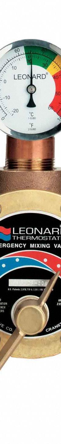 LEONARD VALVE Thermostatic Mixing Valve: For Hot Water/Water Media, Thermostatic, Bronze, NBR, Union (MPN TM-5100-LF). Key specifications — Includes: Union Angle Check-stops; Brand: LEONARD VALVE.
