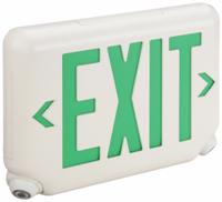 Exit Sign with Emergency Lights: White, 1 or 2 Faces, Green, LED, Ceiling/Wall, Self Diagnostics (MPN EVCUGWDI). Key specifications — Voltage: 120/277V AC; Self Diagnostics: Yes; Housing Color: White; Brand: DUAL-LITE; Directional Indicators: Universal Field Selectable Chevrons; Lighting Technology: LED; Remote Capable: No; Text Color: Green.