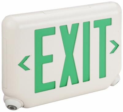 DUAL-LITE Exit Sign with Emergency Lights: White, 1 or 2 Faces, Green, LED, Ceiling/Wall - Plastic Exit Signs with Round Bottom-Mount Light Heads