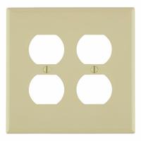 LEVITON Wall Plate: Duplex Outlet, 2 Gang, Ivory, Midsize Size (MPN PJ82-I). Key specifications — Brand: LEVITON; Material: Nylon.