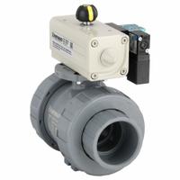 HAYWARD FLOW CONTROL Pneumatically Actuated Two-Way Ball Valve: 2 in, CPVC, Air to Air, Three-Piece (MPN PSDTBH220STVA8). Key specifications — Brand: HAYWARD FLOW CONTROL; Connection Gender - Side 1: Female; Actuator Features: Position Indicator; Actuator Operation: Air to Air; Actuator Series: PSD; Connection Gender - Side 2: Female; Connection Type - Side 1: True-Union Socket/True-Union NPT; Connection Type - Side 2: True-Union Socket/True-Union NPT.