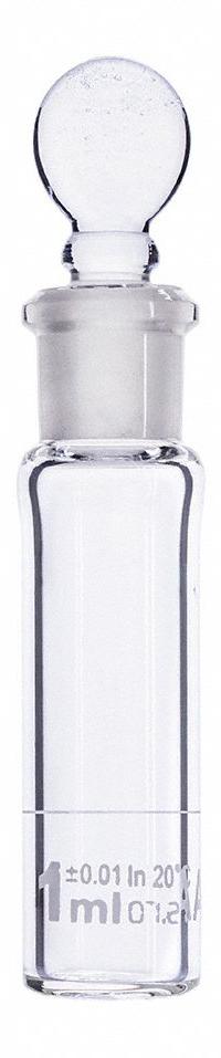GLOBE SCIENTIFIC Volumetric Flask: 1 mL, Colorless, A, 0.01 mL, Includes Closure, 65 mm Overall Ht (MPN 8200001). Key specifications — Tolerance: 0.01 mL; Body Color: Colorless; Brand: GLOBE SCIENTIFIC; Compatible with Stopper Size: 8; USP Specification: Type I.